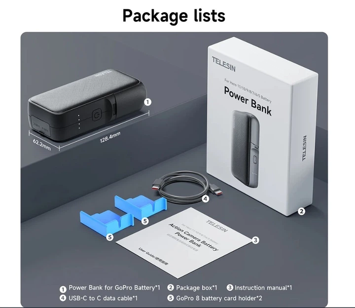 Power Bank Зарядний пристрій TELESIN Charging Box Power Bank для батареї GoPro 11 / 10 / 9 / 8 / 7 - зображення 10