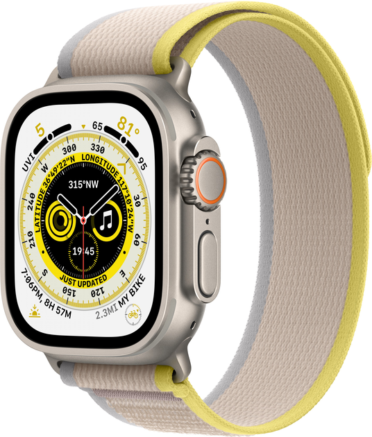 Smartwatch Apple Watch Ultra GPS + Cellular 49mm Titanium Case with Yellow/Beige Trail Loop - M/L (MQFU3) - obraz 1