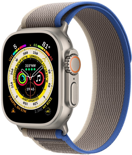 Smartwatch Apple Watch Ultra GPS + Cellular 49mm Titanium Case with Blue/Gray Trail Loop - M/L (MQFV3) - obraz 2