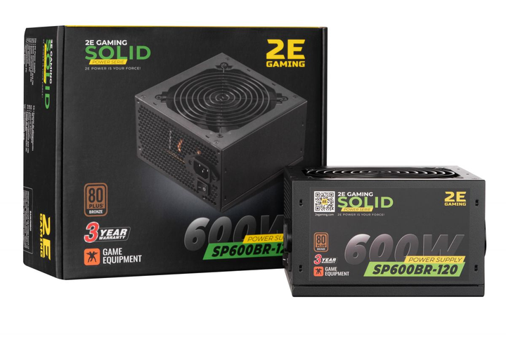 Блок живлення 2E GAMING SOLID POWER (600W), >85%, 80+ Bronze, 120mm, 1xMB 24pin(20+4), 1xCPU 8pin(4+4), 3xMolex, 6xSATA, 4xPCIe 8pin(6+2) - изображение 2
