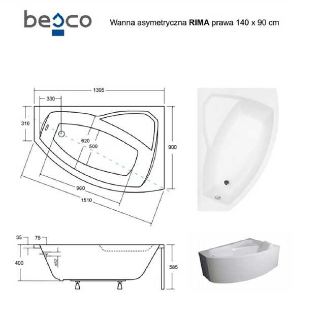 Ванна акриловая асимметричная Rima 140x90 R – низкие цены, кредит ...