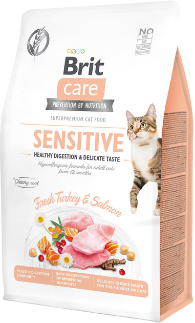 Сухий корм для вибагливих кішок Brit Care Cat GF Sensitive Digestion & Delicate Taste з індичкою та лососем 400 г (8595602540716) - зображення 1