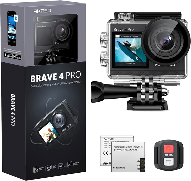 Видеокамера AKASO Brave 4 Pro 4K, 2x1350mAh батареи, комплекты ...