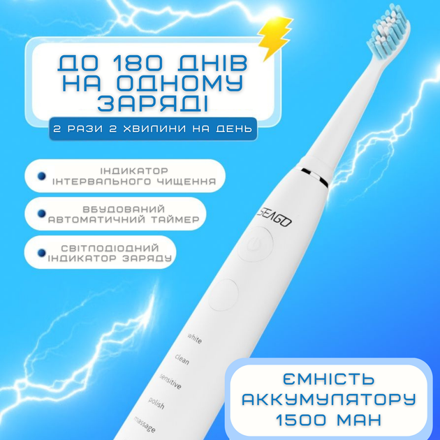 Електрична Зубна Щітка Звукова Доросла Seago SG575 5 Насадок + 5 Режимів + Кейс Для Зберігання Sonic Біла - зображення 3