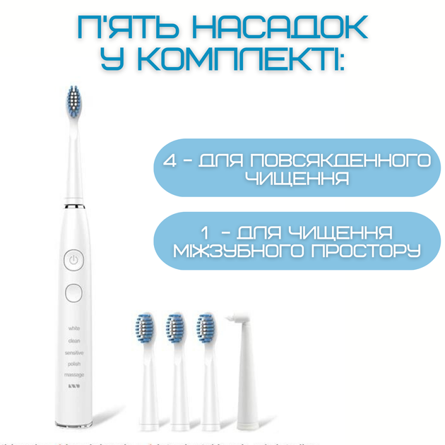 Електрична Зубна Щітка Звукова Доросла Seago SG575 5 Насадок + 5 Режимів + Кейс Для Зберігання Sonic Біла - зображення 6