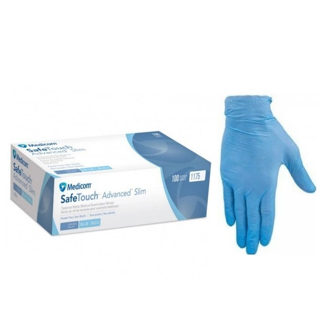 Перчатки нитриловые Medicom SafeTouch® Slim Blue текстурированные без пудры голубые размер M 100 шт (3,6 г.) - изображение 1