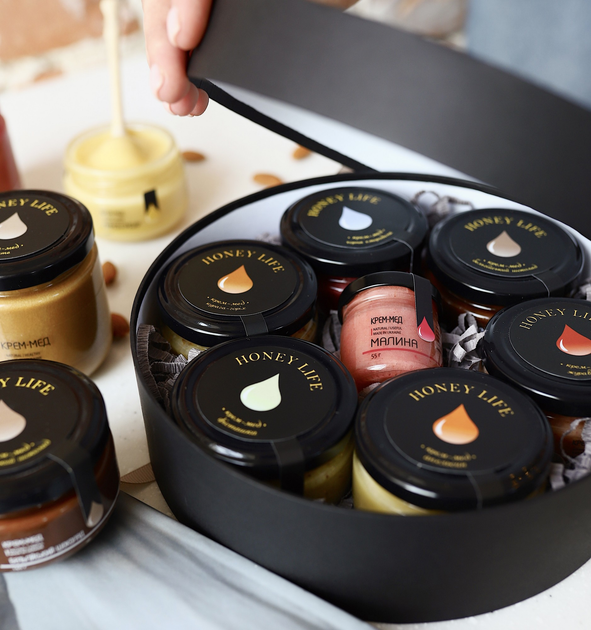 Подарочный набор крем-меда из 7 вкусов в круглой коробке Honey life ...