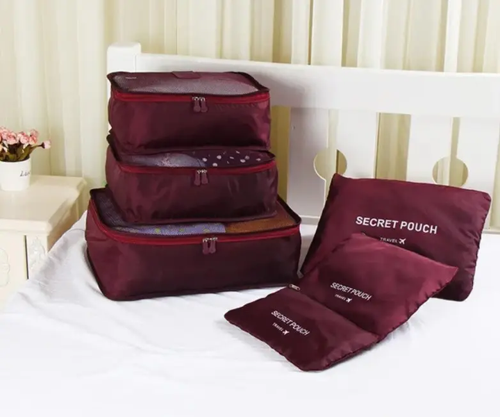 Набір органайзерів для подорожей 6в1 Secret Pouch Бордовий - Фото 2 Набір органайзерів для подорожей 6в1 Secret Pouch Бордовий - зображення 2