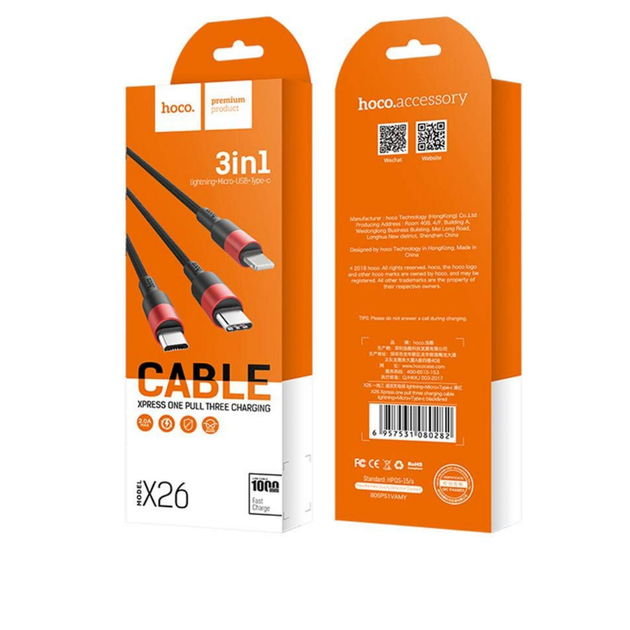 Кабель Hoco X26 Xpress one pull three charging cable,lightning+Micro+Type-c Black&Red - Фото 2 Кабель Hoco X26 Xpress one pull three charging cable,lightning+Micro+Type-c Black&Red - изображение 2