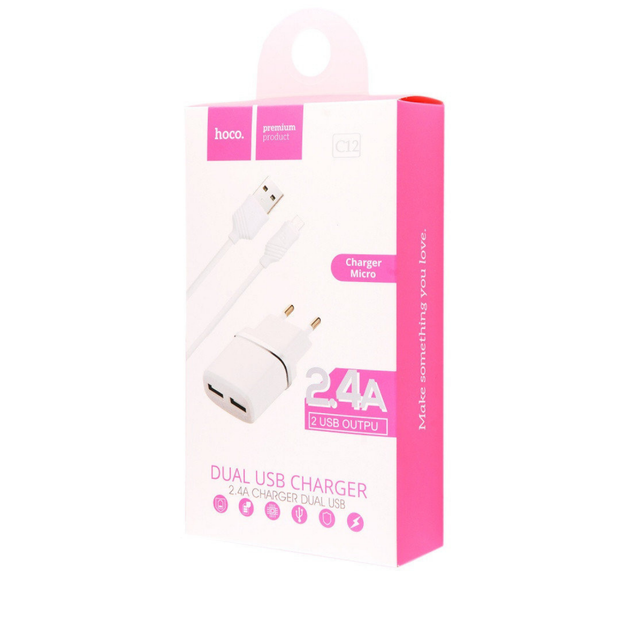 МЗП Hoco C12 Smart dual USB charger set with Micro cable ( EU ) 2USB 2.4A White - зображення 2