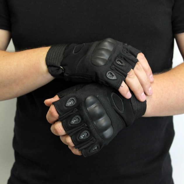 Рукавички військові, Тактичні рукавички для самооборони, Літні військові рукавички без пальців Чорні (L) - зображення 1