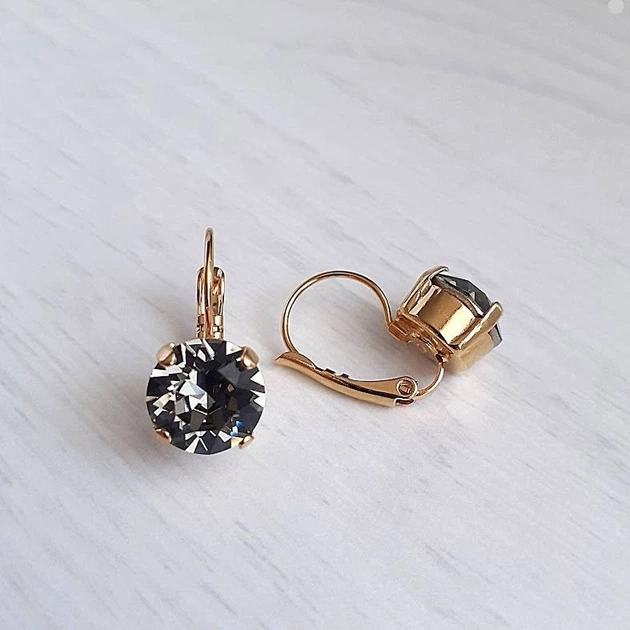 Позолоченные серьги Hand Made с кристаллами Swarovski серо-черного оттенка - изображение 4