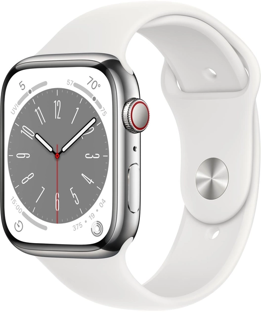 Смарт-годинник Apple Watch Series 8 GPS + Cellular 45mm Silver Stainless Steel Case with White Sport Band (MNKE3) - зображення 1
