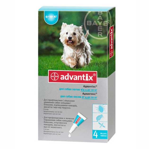 Капли BAYER Advantix (Адвантикс) для собак весом 4-10 кг 1 пипетка 1 мл ...