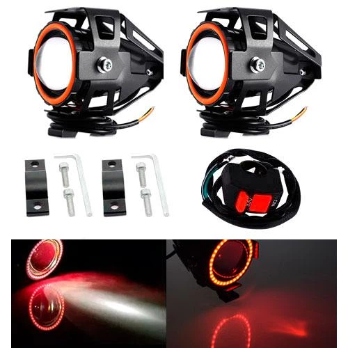 Фары прожекторы для мотоцикла U7 LED 12В 3000Lm Angel Eyes красные и кнопка - изображение 2