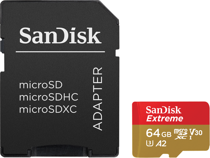 Карта памяти SanDisk microSDXC 64GB Extreme A2 Class 10 V30 UHS-I U3 (SDSQXAH-064G-GN6MA) - изображение 1