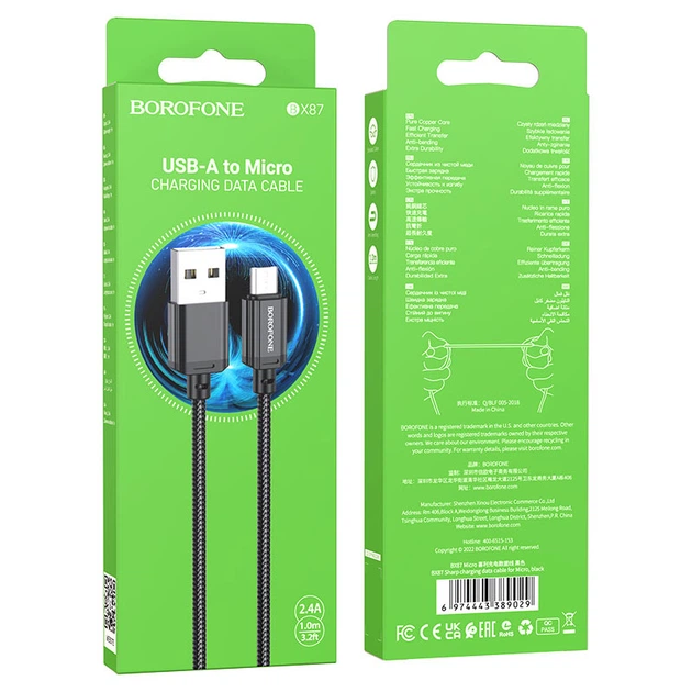 Кабель BOROFONE BX87 USB-A to Micro 2.4A (1m) Black - Фото 2 Кабель BOROFONE BX87 USB-A to Micro 2.4A (1m) Black - зображення 2