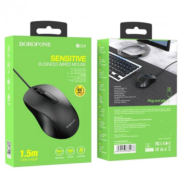Миша дротова оптична Borofone BG4 1000 DPI Чорна - Фото 4 Миша дротова оптична Borofone BG4 1000 DPI Чорна - зображення 4