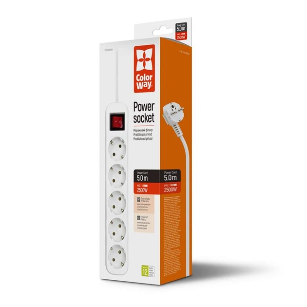Фільтр живлення СolorWay (CW-PSEA55W) 5 розеток, 5м, White - Фото 2 Фільтр живлення СolorWay (CW-PSEA55W) 5 розеток, 5м, White - зображення 2