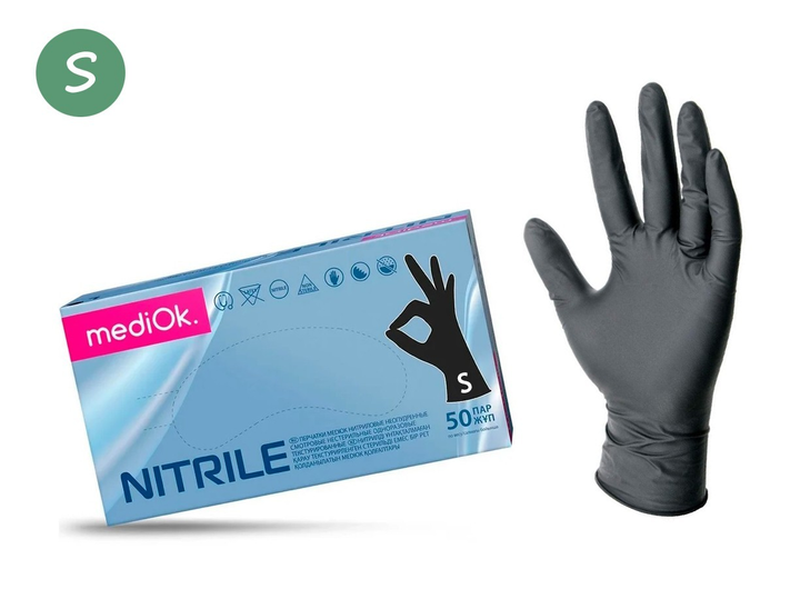 Перчатки нитриловые черные, размер S, MediOk (100 шт) - изображение 1