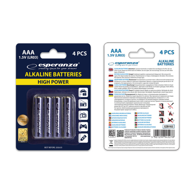 Щелочные батарейки Esperanza EZB102 Baterie Alkaliczne 4 шт ААА 1.5В - изображение 2