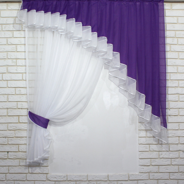 Акція на Кухонний комплект VR-Textil № 062к штора з ламбрекеном 150х170 см Фіолетовий з білим (50-064) від Rozetka
