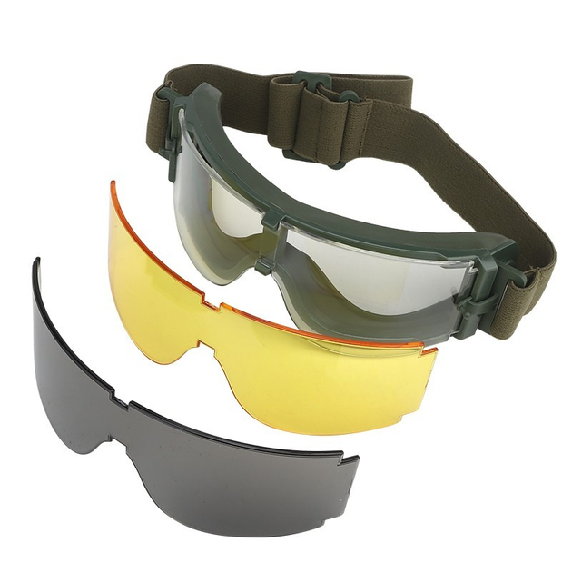 Тактические очки панорамные, вентилируемые, 3 линзы, Olive (для Airsoft, Страйкбол) - изображение 1