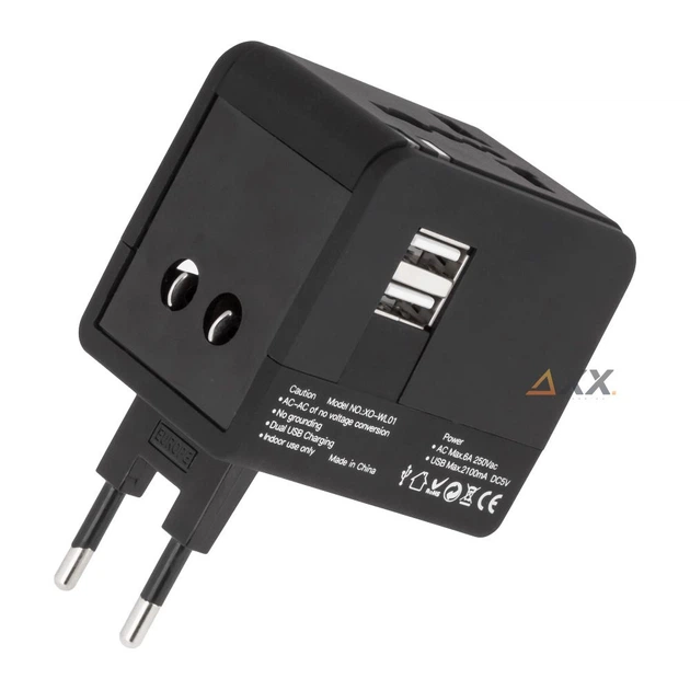 Сетевое зарядное устройство для телефона универсальное 4 типа вилок 2USB/2.1A XO 1500W/6A Черный (WL01) - Фото 3 Сетевое зарядное устройство для телефона универсальное 4 типа вилок 2USB/2.1A XO 1500W/6A Черный (WL01) - изображение 3