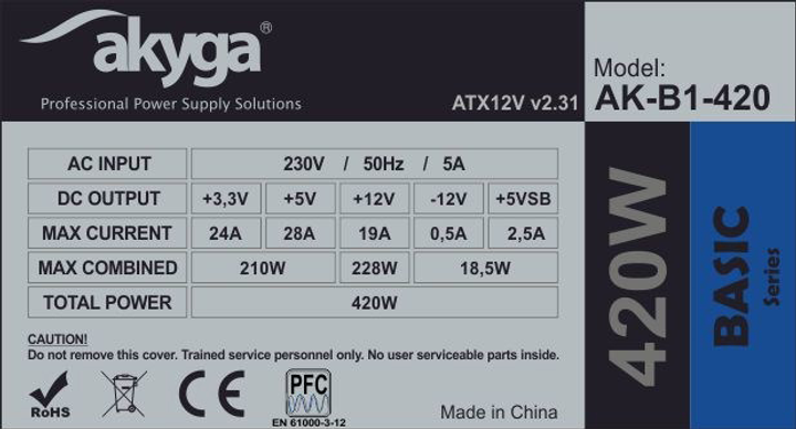 Блок живлення AKYGA power supply unit 420 W 20+4 pin ATX ATX Grey (AK-B1-420) - зображення 6