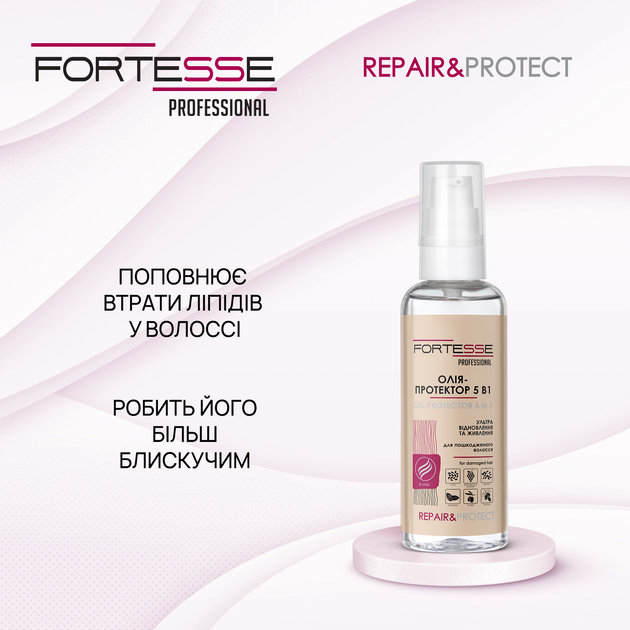 Масло-протектор 5 в 1 Fortesse Pro Repair&Protect Экспресс Восстанавливающее для сухих поврежденных волос 60 мл (4823115501523) - Фото 4 Масло-протектор 5 в 1 Fortesse Pro Repair&Protect Экспресс Восстанавливающее для сухих поврежденных волос 60 мл (4823115501523) - изображение 4