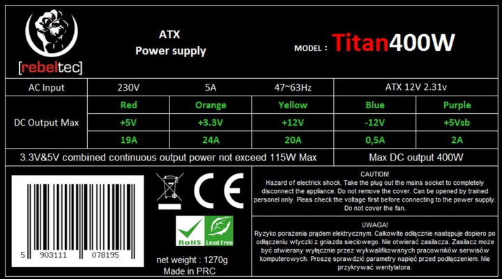 Zasilacz Rebeltec TITAN 400 Zasilacz ATX ver. 2.31 (RBLZAS00002) - obraz 5