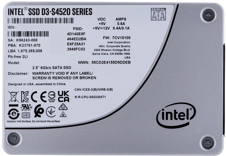 Dysk SSD Solidigm (Intel) S4520 960 GB 2.5" SATAIII 3D NAND (TLC) (SSDSC2KB960GZ01) - obraz 1