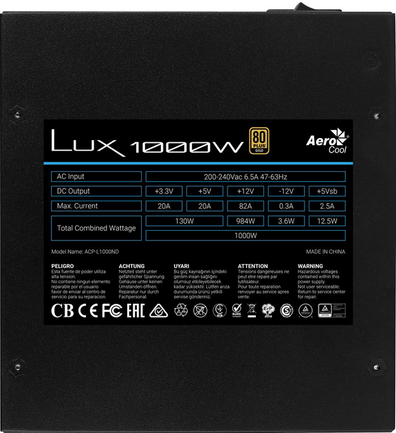 Zasilacz Aerocool LUX1000 PC Power Supply 1000W 80 Plus Gold 90% Efficiency Czarny (AEROLUX-1000-80GOLD) - obraz 5