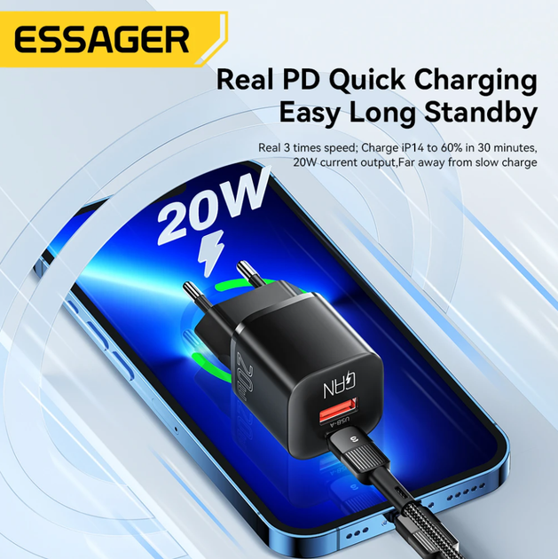 Блок для зарядки телефону Essager 20 Вт вхід Type C та USB чорний - Фото 4 Блок для зарядки телефону Essager 20 Вт вхід Type C та USB чорний - зображення 4