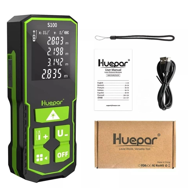 Дальномер електронная лазерная рулетка Huepar s100 (100м) с електронным уровнем - изображение 1