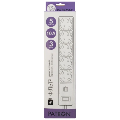 Мережевий фільтр живлення Patron 3m + 2 USB 2.0, 2.1A, 5 роз. White (EXT-PN-SP-53-USB-W) - зображення 2