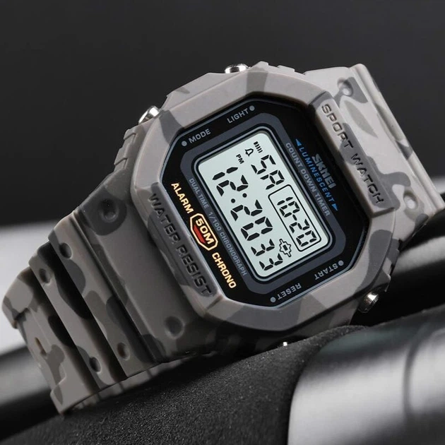 Часы наручные спортивные водостойкие электронные SKMEI 1628 camo gray серый камуфляж - изображение 2