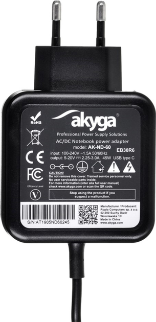 Блок живлення Akyga для ноутбука 20V 2.25 A, 2.31 A, 2.37 A, 2.64 A, 3.0 A 45W (USB Type-C) (AK-ND-60) - зображення 2