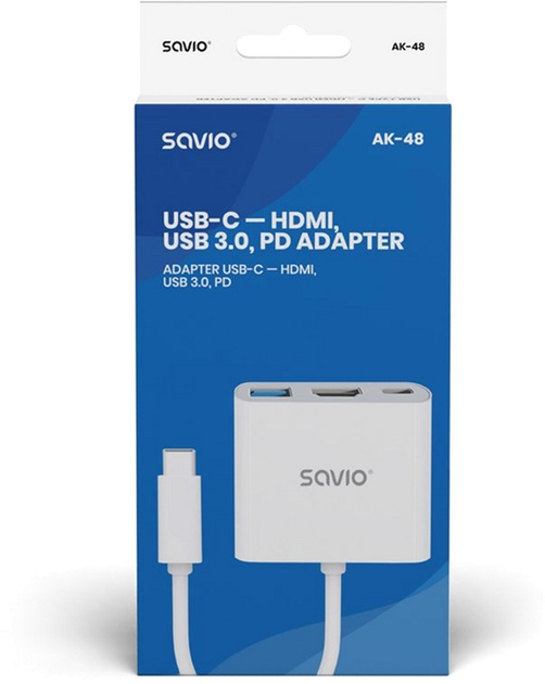 Hub USB Savio USB Type-C - HDMI, USB 3.0, PD, USB Type-C Biały (AK-48) - obraz 3