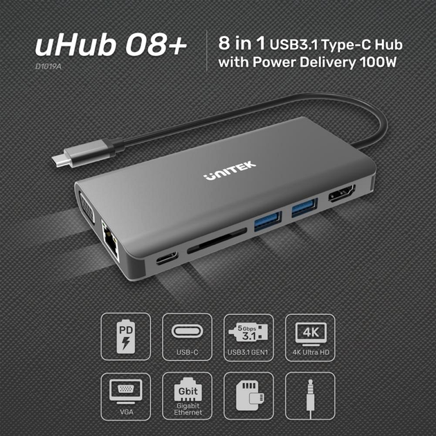 USB-хаб Unitek uHUB O8+ 8-in-1 USB-C Ethernet Hub with Dual Monitor, 100W Power Delivery and Card Reader (D1019A) - зображення 2