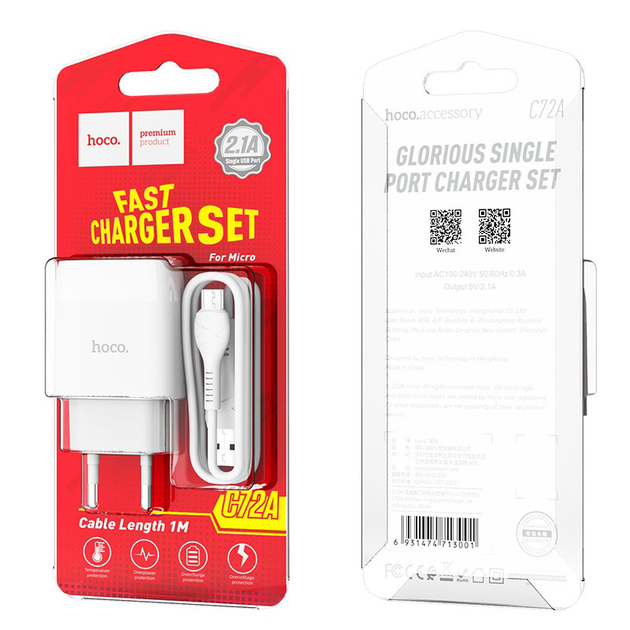 Мережевий зарядний пристрій Hoco C72A + кабель Micro USB Glorious Single Port Charger 1USB 2.1A White - Фото 8 Мережевий зарядний пристрій Hoco C72A + кабель Micro USB Glorious Single Port Charger 1USB 2.1A White - зображення 8