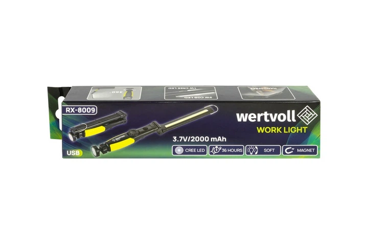 Фонарь инспекционный магнитный складной WERTVOLL CREELED/COBLED IP44 Li-ion 2000 mAh/t 7000 K/450 lum ABS 410х34х38 мм RX-8009 - Фото 5 Фонарь инспекционный магнитный складной WERTVOLL CREELED/COBLED IP44 Li-ion 2000 mAh/t 7000 K/450 lum ABS 410х34х38 мм RX-8009 - изображение 5