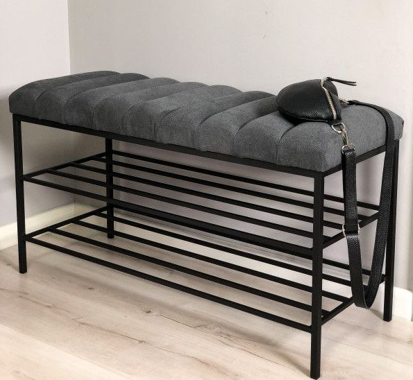 Банкетка Vi-Tall 60×35×45 см, 2 полки, корпус чорний, горизонтальна стяжка, велюр - Фото 1 Банкетка Vi-Tall 60×35×45 см, 2 полки, корпус чорний, горизонтальна стяжка, велюр - изображение 1