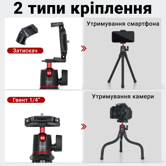 Гнучкий штатив - восьминіг із затискачем для телефону та гвинтом під камеру Andoer MT-40, 31 см, Чорний - зображення 7