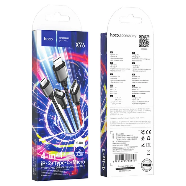 Мульти-кабель Hoco X76 Super charging 4-in-1 USB to Lightning, Lightning, Micro USB, Type-C, 1м black/red/blue - зображення 2