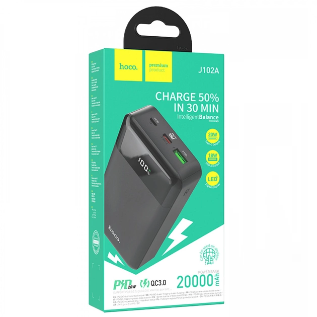 Power bank Hoco J102A PD20W+QC3.0 (22.5W) 20000 mAh портативная батарея повербанк с дисплеем Black - изображение 4