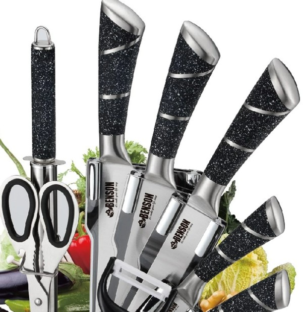 Набір кухонних ножів Венсон ВN-405 з нержавіючої сталі для кухні на підставці 9 предметів Граніт - зображення 2