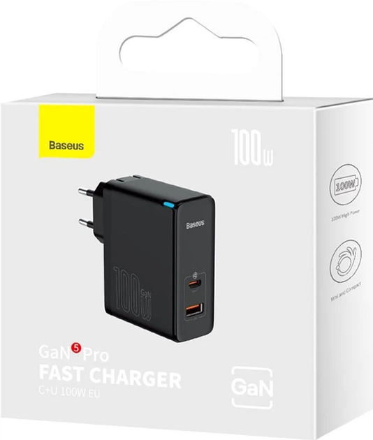 Ładowarka sieciowa Baseus GaN5 Pro Fast Charger C+U 100W EU (Z kablem Type-C do Type-C 100W 20V/5A 1m) Czarna (CCGP090201) - obraz 8