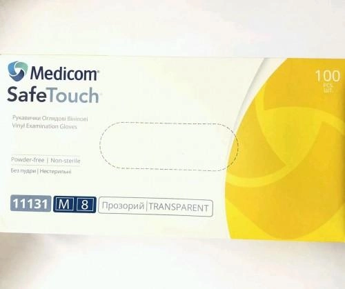 Одноразові рукавички вінілові без пудри нестерильні Medicom Safe Touch Розмір M Прозорі - изображение 1