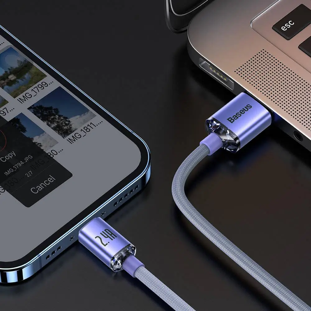 Кабель Baseus Crystal Shine Series Fast Charging Data Cable USB to iP 2.4A 1.2m Purple (CAJY000005) - Фото 7 Кабель Baseus Crystal Shine Series Fast Charging Data Cable USB to iP 2.4A 1.2m Purple (CAJY000005) - изображение 7